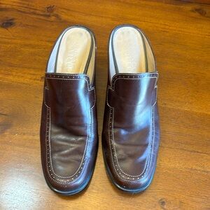 Brown leather Franco Sarto mules. 3” heels, size 8
